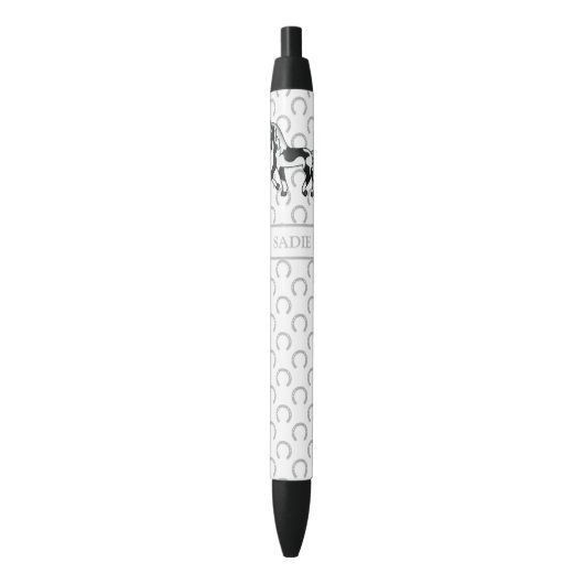 Zwarte Pinto Cartoon Drafpaard & Naam Inkt Pen (Voorkant Verticaal)