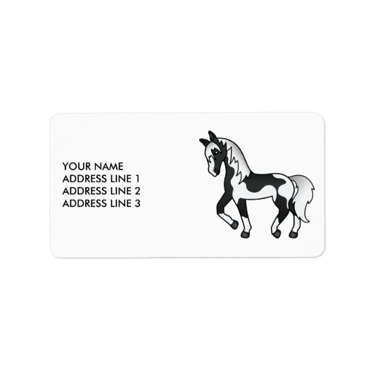 Zwarte Pinto Cartoon Dravend Paard & Aangepaste Te Etiket (Voorkant)
