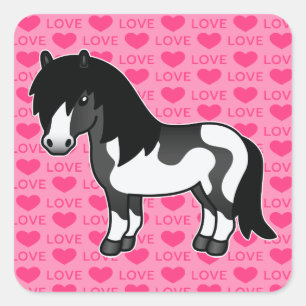 Zwarte Pinto Cartoon Shetland Pony Liefde Harten Vierkante Sticker