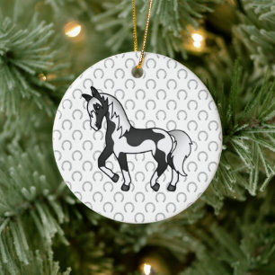 Zwarte Pinto Dravend Paard Cartoon Illustratie Keramisch Ornament