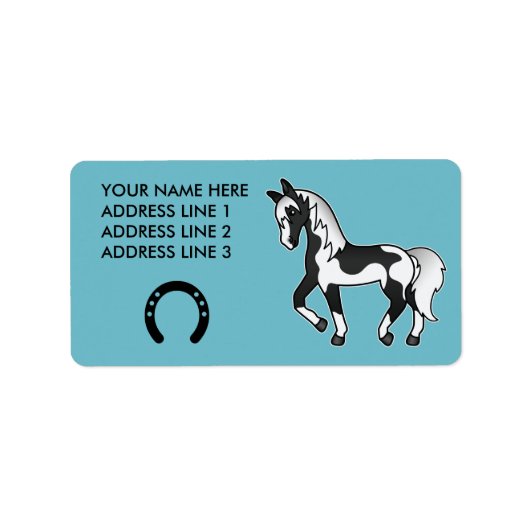 Zwarte Pinto Dravende Cartoonpaard Etiket (Voorkant)