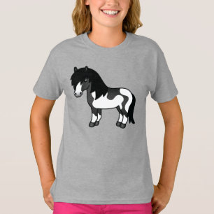 Zwarte Pinto Shetlandpony Cartoonillustratie T-shirt