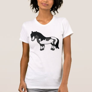 Zwarte Pinto Shetlandpony Cute Cartoon Tekening T-shirt