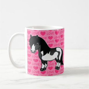 Zwarte Pinto Shetlandpony Op Roze Liefdespatroon Koffiemok