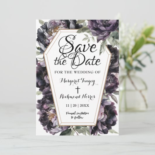  zwarte pioenenkist | Gothic bewaar de datum Kaart (Staand voorkant)