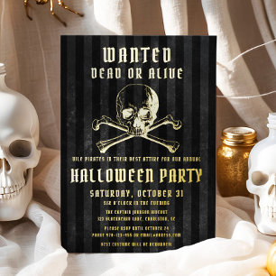 Zwarte Piraat Schedel & Botten Halloween Feest Gou Folie Uitnodiging