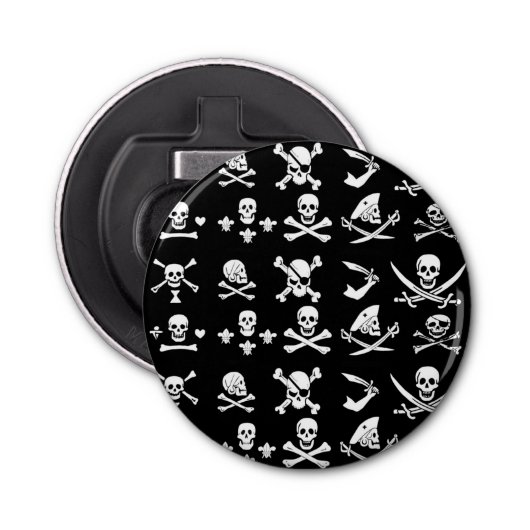 ZWARTE PIRATE BANNERS SKULL, GEKROOSTE BOTTEN, SWO BUTTON FLESOPENER (Voorkant)