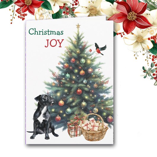 Zwarte Pitbull Dog, Bullfinch en Holiday Tree Kaar Feestdagen Kaart