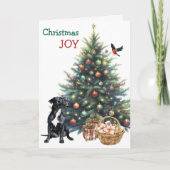Zwarte Pitbull Dog, Bullfinch en Holiday Tree Kaar Feestdagen Kaart (Voorkant)