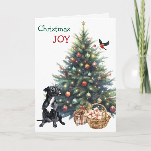 Zwarte Pitbull Dog, Bullfinch en Holiday Tree Kaar Feestdagen Kaart (Voorkant)