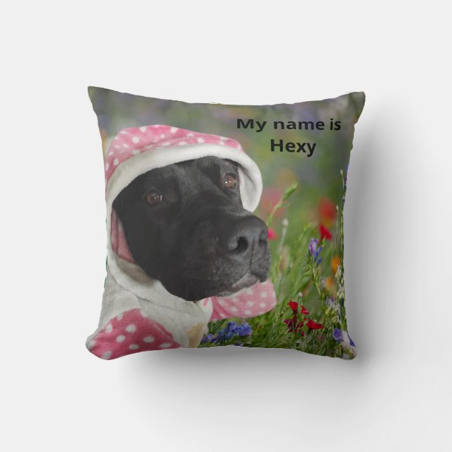Zwarte Pitbull in een roze Polka Dot Hood – Floral Kussen (Voorkant)