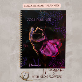Zwarte Planner met roze en paarse bloemen