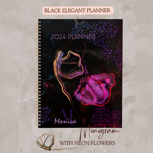 Zwarte Planner met roze en paarse bloemen