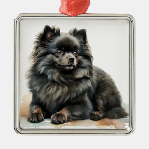  ZWARTE PLUIZIGE POMERAANSE PUPPY METALEN ORNAMENT
