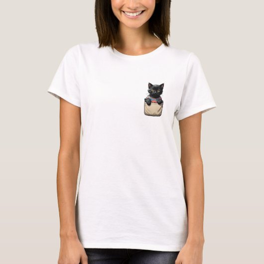 zwarte pocketkat t-shirt (Voorkant)