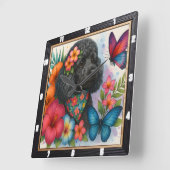Zwarte Poedel Bloemen Vlinderkunst Vierkante Klok (Hoek)
