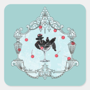 Zwarte poedel champagne in kersen vierkante sticker