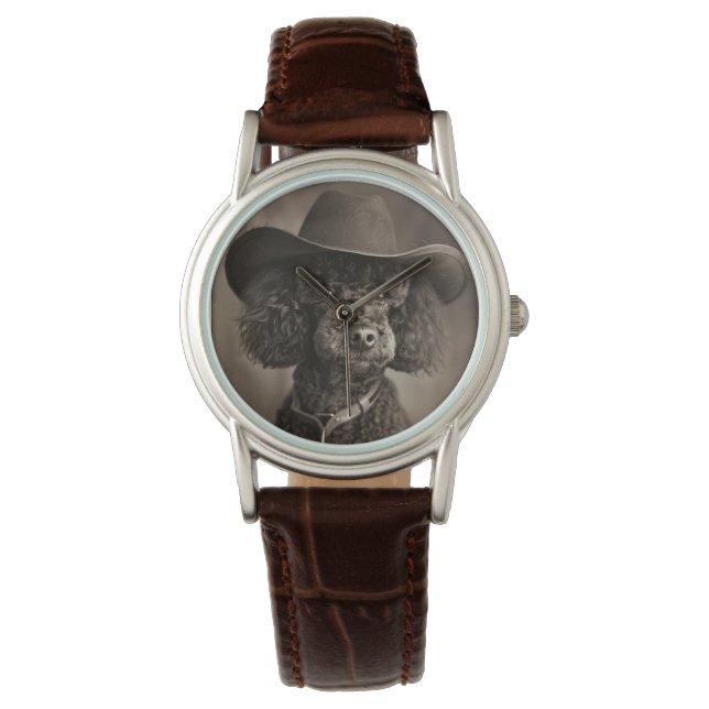 Zwarte poedel gekleed als een cowboy Halloween kos Horloge (Voorkant)