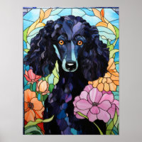 Zwarte Poedel Glas-in-Loodraam Bloemige Hond Kunst