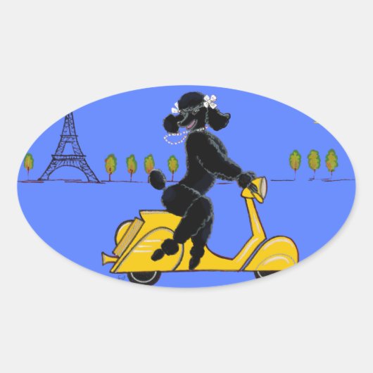 Zwarte poedel scooter retro eiffel toren ovale sticker (Voorkant)