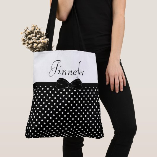 Zwarte poka dots met Papillon, groot gepersonalise Tote Bag (Dichtbij)