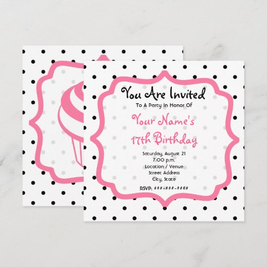 Zwarte poka Dots & Roze Cupcake Birthday Party Kaart (Voorkant / Achterkant)