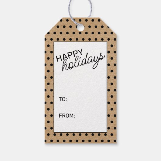 Zwarte pokadots op bruine bruinkraftpapier cadeaulabel (Voorkant)