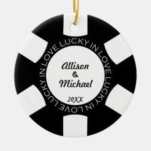 Zwarte pokerchip met geluk in de liefdesbril keramisch ornament
