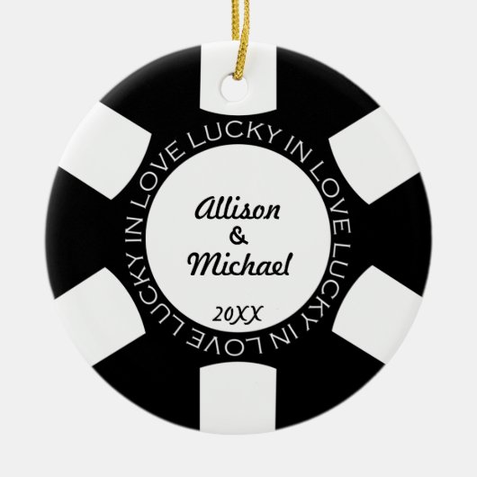Zwarte pokerchip met geluk in de liefdesbril keramisch ornament (Voorkant)
