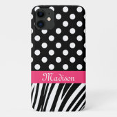 Zwarte poladots Zebra Stripes Roze naam Case-Mate iPhone Case (Achterkant)