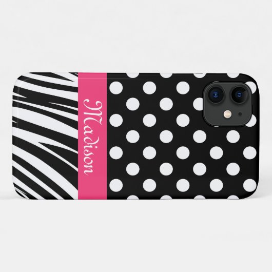 Zwarte poladots Zebra Stripes Roze naam Case-Mate iPhone Case (Achterkant (horizontaal))