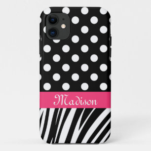 Zwarte poladots Zebra Stripes Roze naam Case-Mate iPhone Case