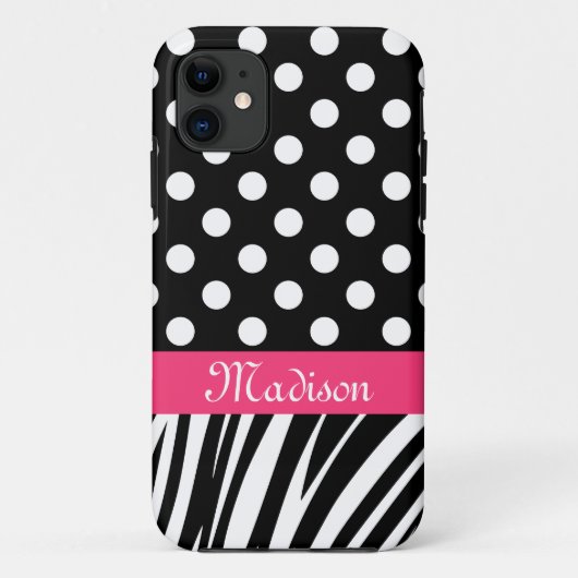 Zwarte poladots Zebra Stripes Roze naam Case-Mate iPhone Case (Achterkant)