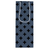 Zwarte polakkruisen op blauw-grijs wijn cadeautas (Voorkant)