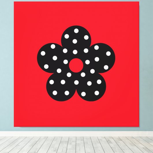 Zwarte polka dot bloem op rode achtergrond canvas afdruk (Insitu (Houten vloer))