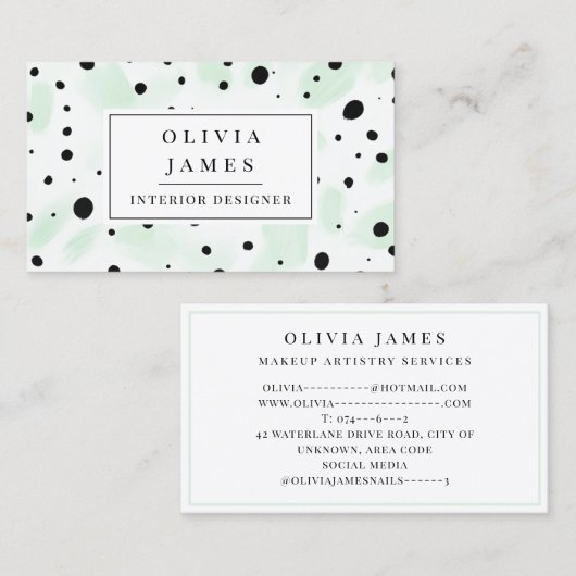Zwarte polka dot Groene Waterverf Splash Modern Visitekaartje (Voorkant / Achterkant)