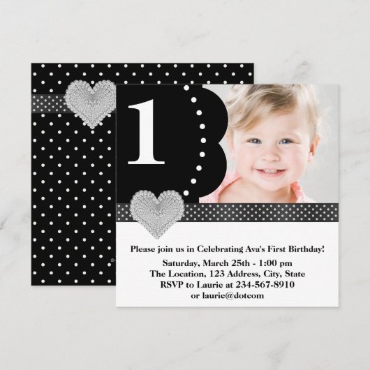 Zwarte Polka Dot Meisjes Foto 1e Verjaardagsfeest Kaart (Voorkant / Achterkant)
