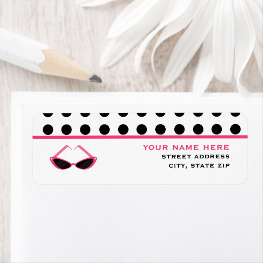 Zwarte polka dots & roze retro zonnebril etiket (Insitu)