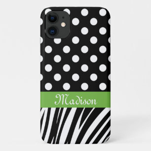 Zwarte Polka Dots Zebra Stripes Green Name Case-Mate iPhone Case