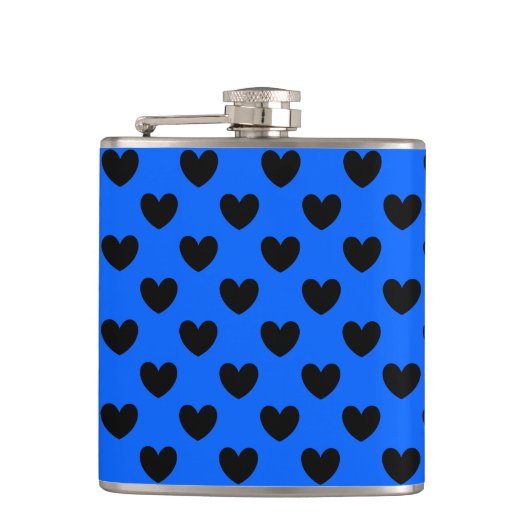 Zwarte polka harten blauw heupfles (Voorkant)