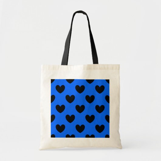 Zwarte polka harten blauw tote bag (Voorkant)