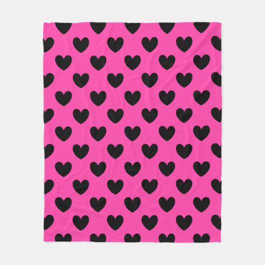 Zwarte polka harten in fuchsia roze fleece deken (Voorkant)