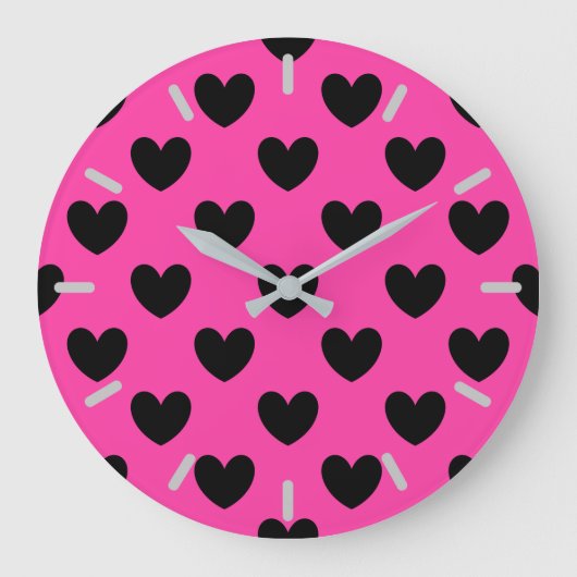 Zwarte polka harten in fuchsia roze grote klok (Voorkant)