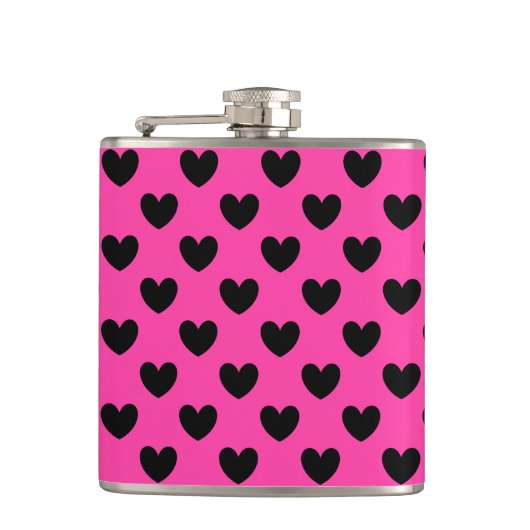 Zwarte polka harten in fuchsia roze heupfles (Voorkant)