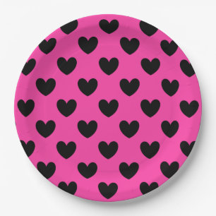 Zwarte polka harten in fuchsia roze papieren bordje