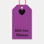 Zwarte polka harten in paars cadeaulabel (Achterkant)