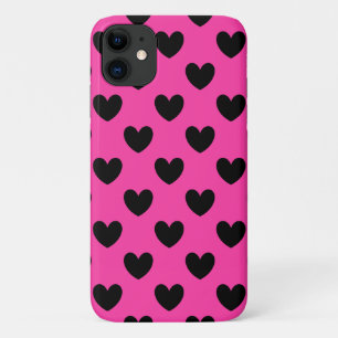 Zwarte polka harten op fuchsia roze Case-Mate iPhone case