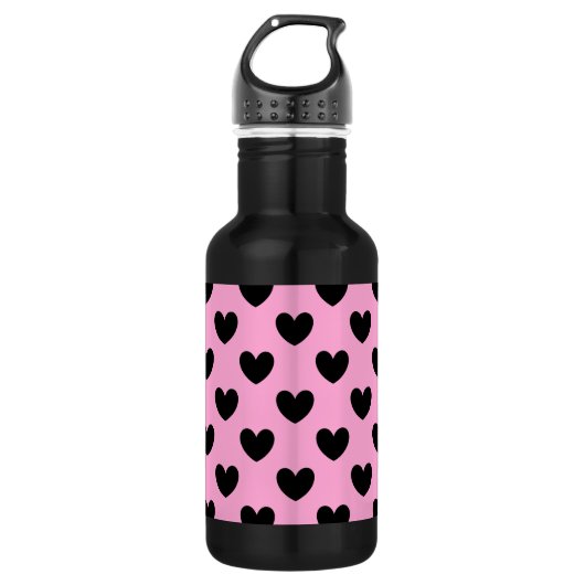 Zwarte polka harten op katoenroze snoep waterfles (Voorkant)