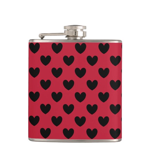 Zwarte polka harten op rood heupfles (Voorkant)