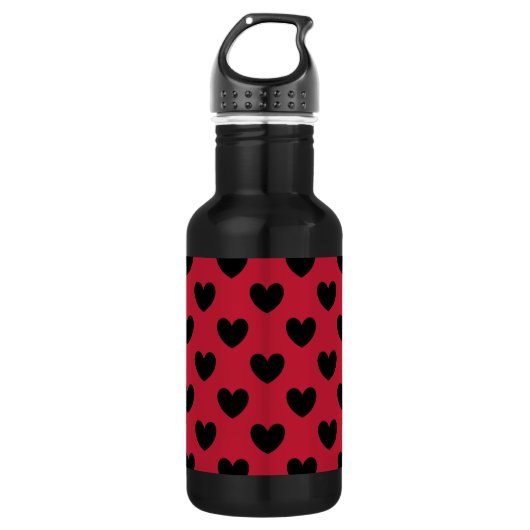 Zwarte polka harten op rood waterfles  (Voorkant)